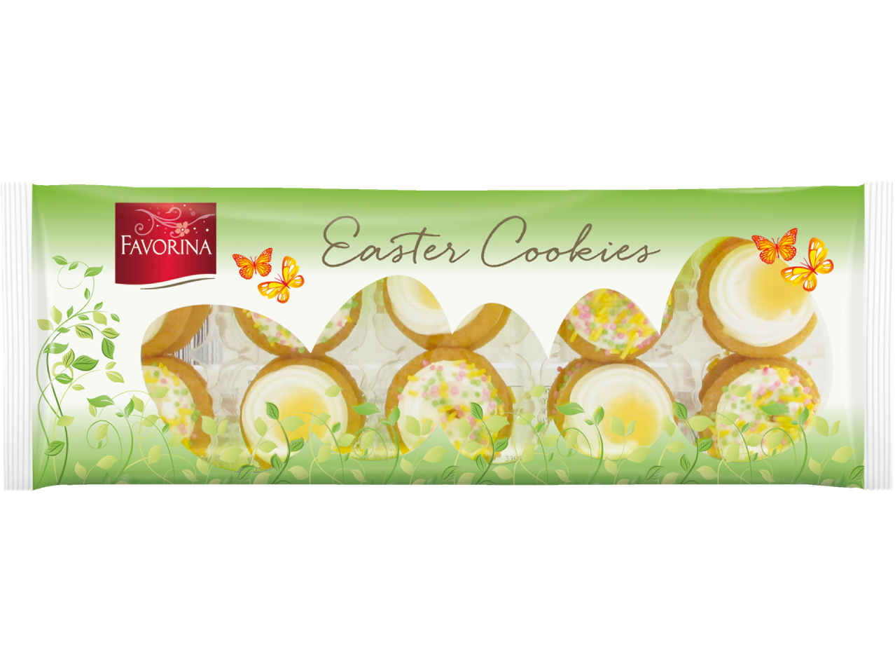 Fursecuri de Paște într-un ambalaj verde cu fluturi și frunze, prezentând fursecuri în formă de iepuraș.