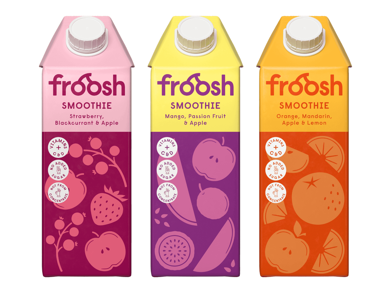 Kolme Froosh-smoothiepakkausta: mansikka-mustaherukka-omena, mango-passionhedelmä-omena ja appelsiini-mandariini-omena-sitruuna.