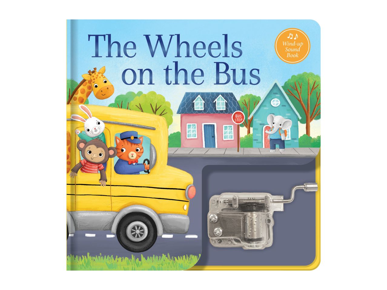 Children's book 'The Wheels on the Bus' with a wind-up sound mechanism.