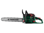 Motosserra Parkside verde e preta, com detalhes vermelhos, sobre fundo preto.