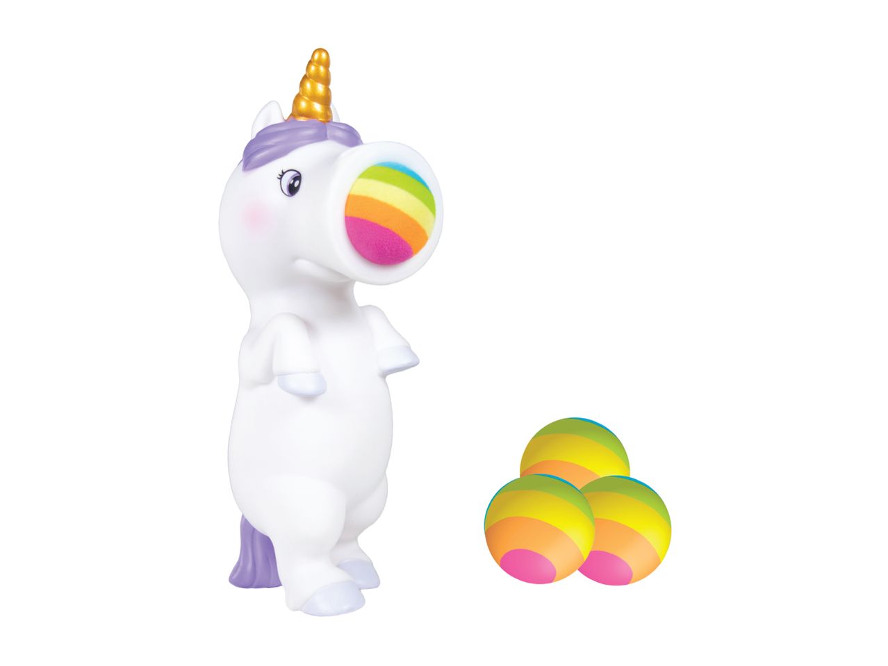 Unicorn toy with a rainbow-colored horn and three rainbow-striped balls.