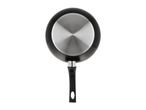 Bottom view of a black frying pan with a silver-colored base and a black handle.