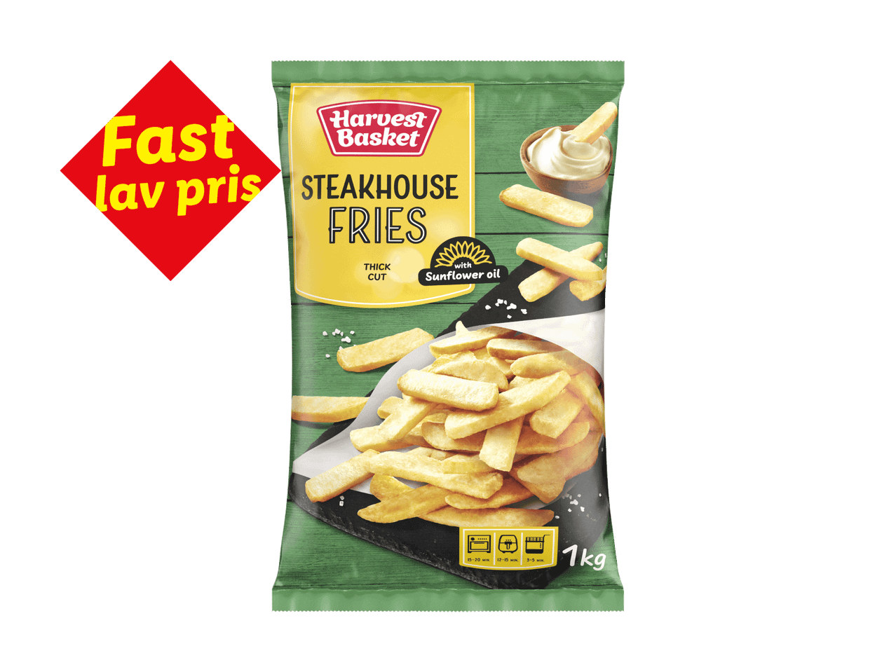 Pose med steakhouse fritter med solsikkeolie, 1 kg, med et rødt mærke der siger 'Fast lav pris'.