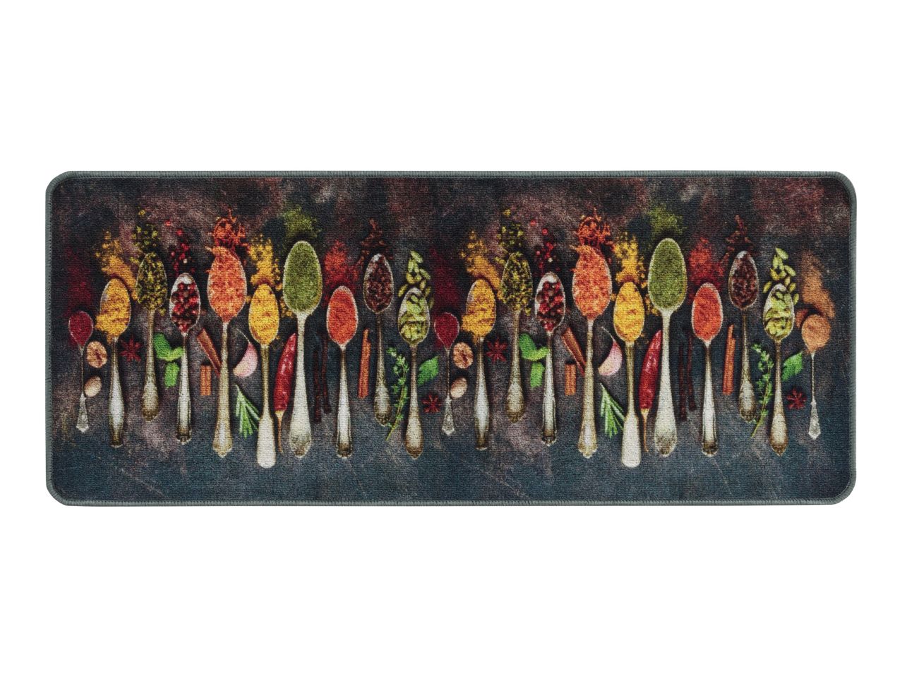 A colorful kitchen runner featuring spoons decorated with autumnal leaves.