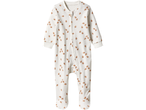 Lupilu® baby sleepsuit in white with a brown acorn pattern and a zipper closure.