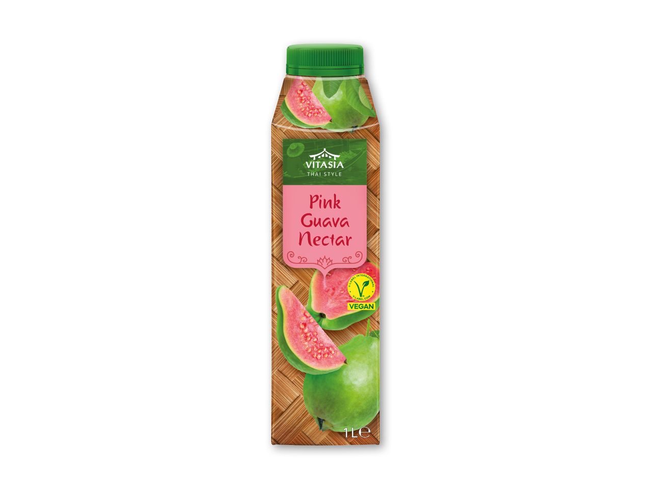 Flaske med lyserød guava nektar i thailandsk stil, med guavafrugter og et vegansk mærke.