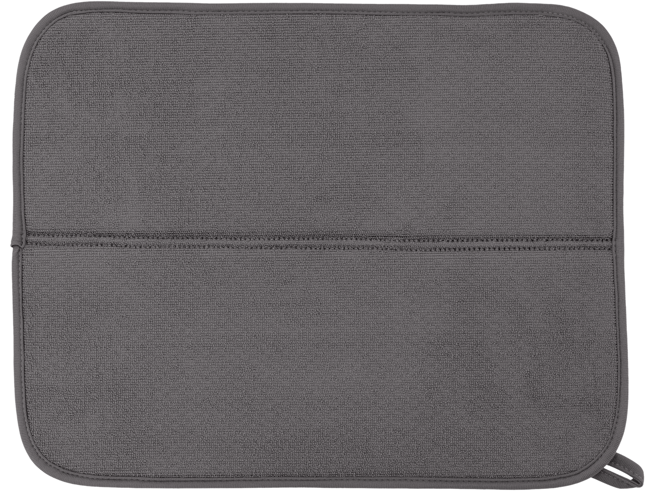 Pelēks mikrošķiedras virtuves dvielis ar horizontālu vīli centrā.