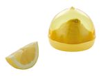 A yellow lemon squeezer and a lemon wedge.