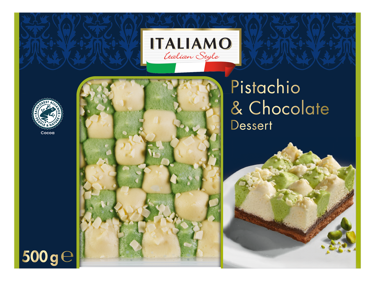 Italiaanse stijl: pistache en chocoladedessert.