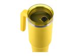 Yellow insulated travel mug with a handle and a clear lid, viewed from above.