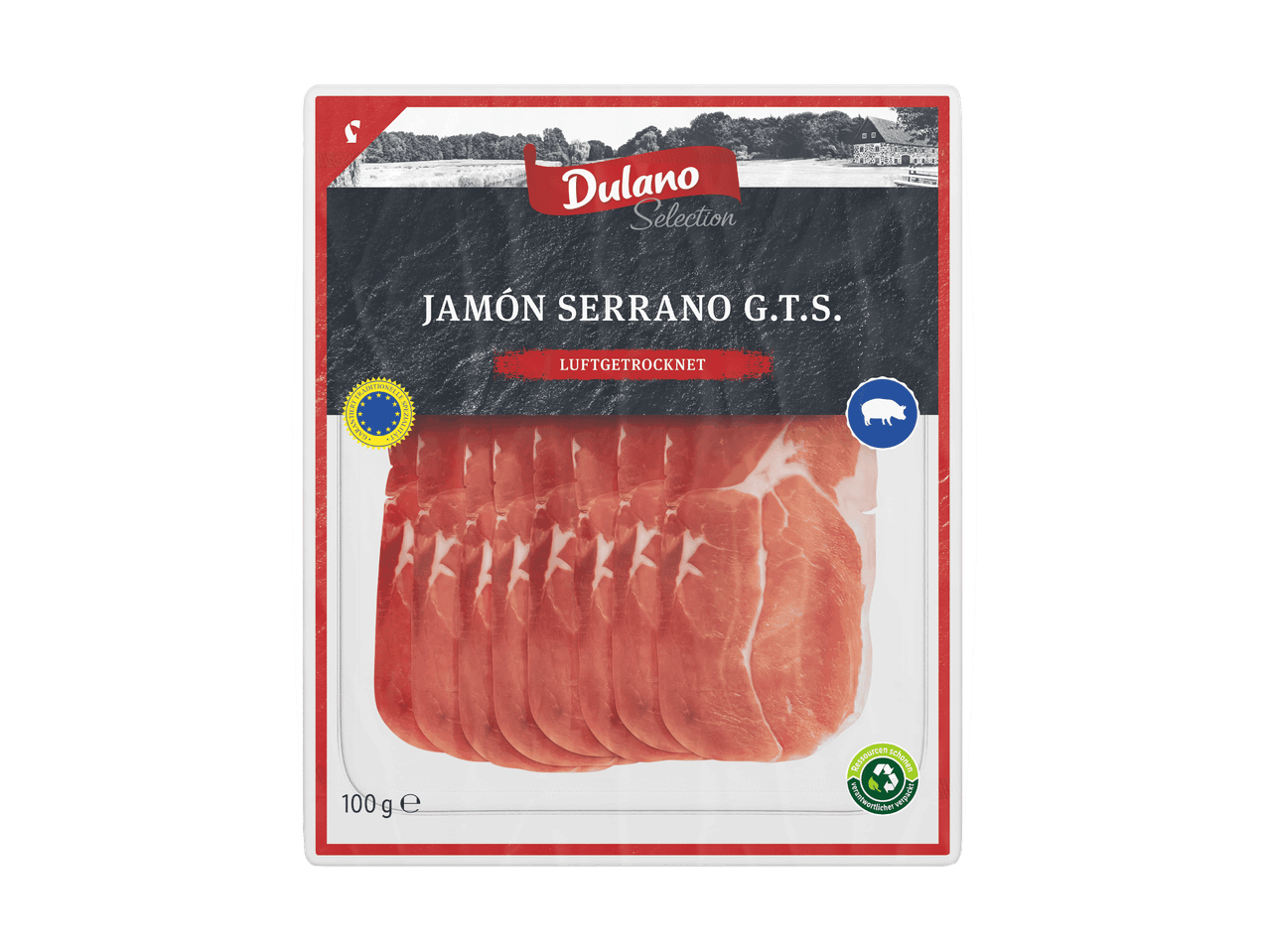 Duerr's Serrano-Schinken Scheiben in Verpackung.