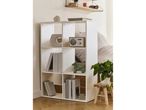 White Shelving Unit With 6 Compartments with books, decorative objects, and a radio in a living room.