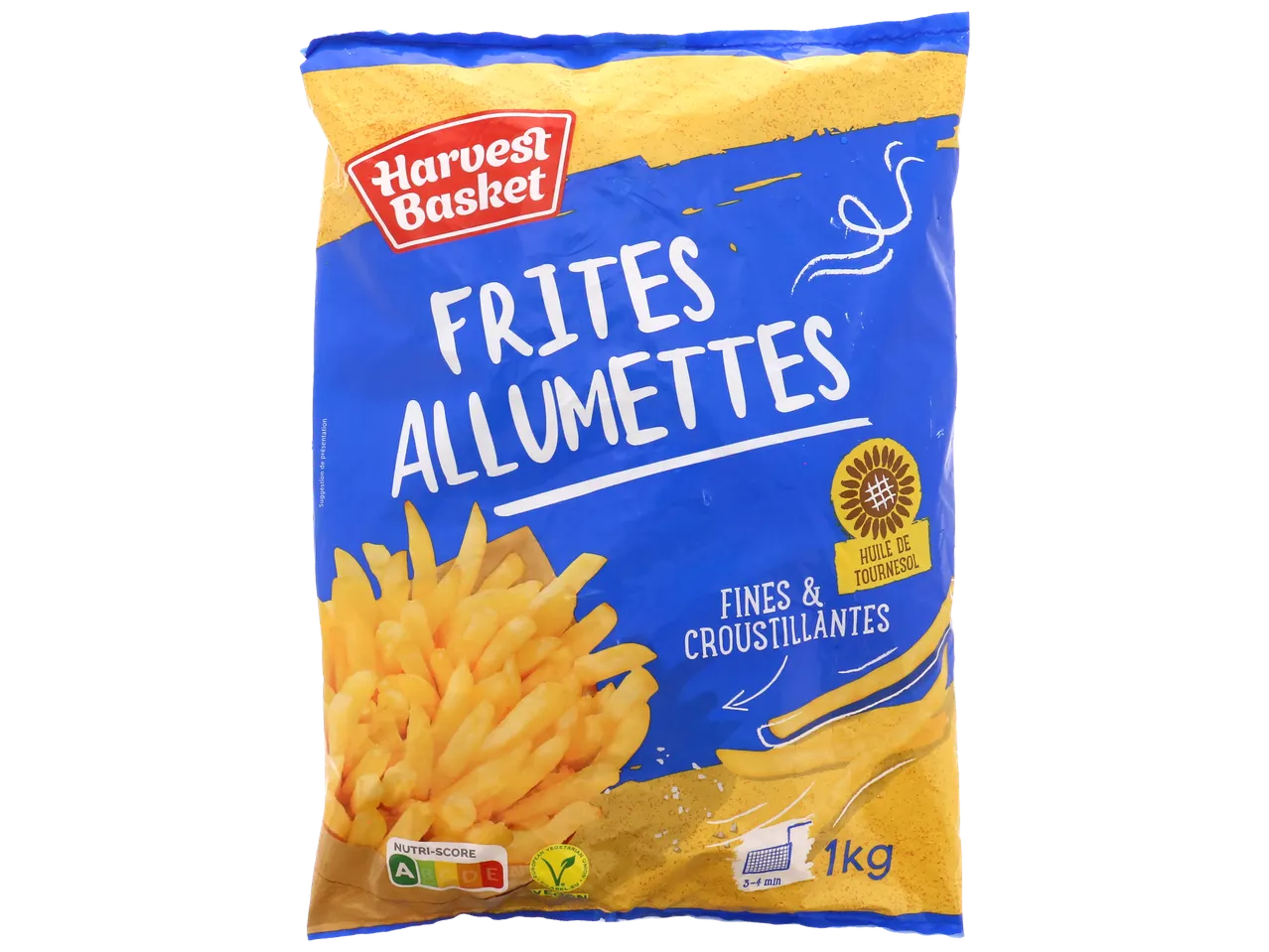 Sachet de frites allumettes fines et croustillantes, 1kg, avec Nutri-Score A et huile de tournesol.
