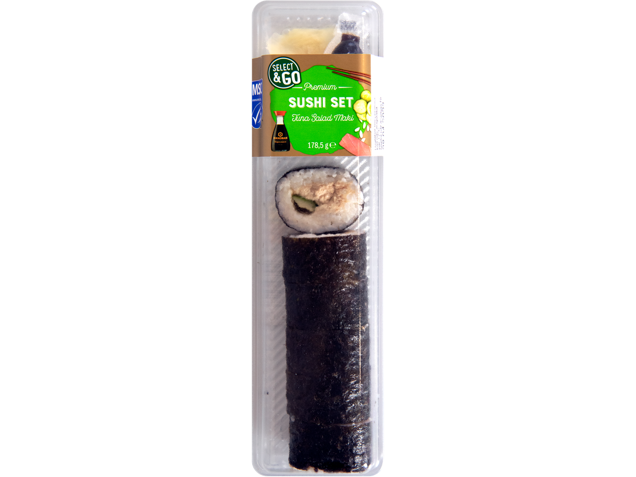 Select & Go Premium sušių rinkinys su tuno salotų maki ir Kikkoman sojos padažu.