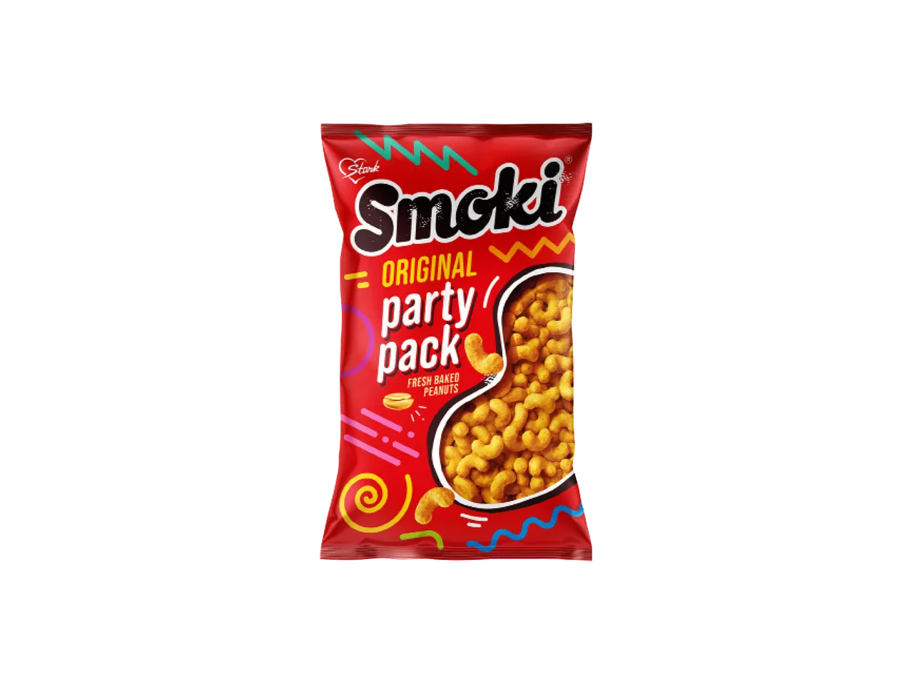 Crvena kesica grickalica sa kikirikijem, sa natpisom 'ORIGINAL party pack'.