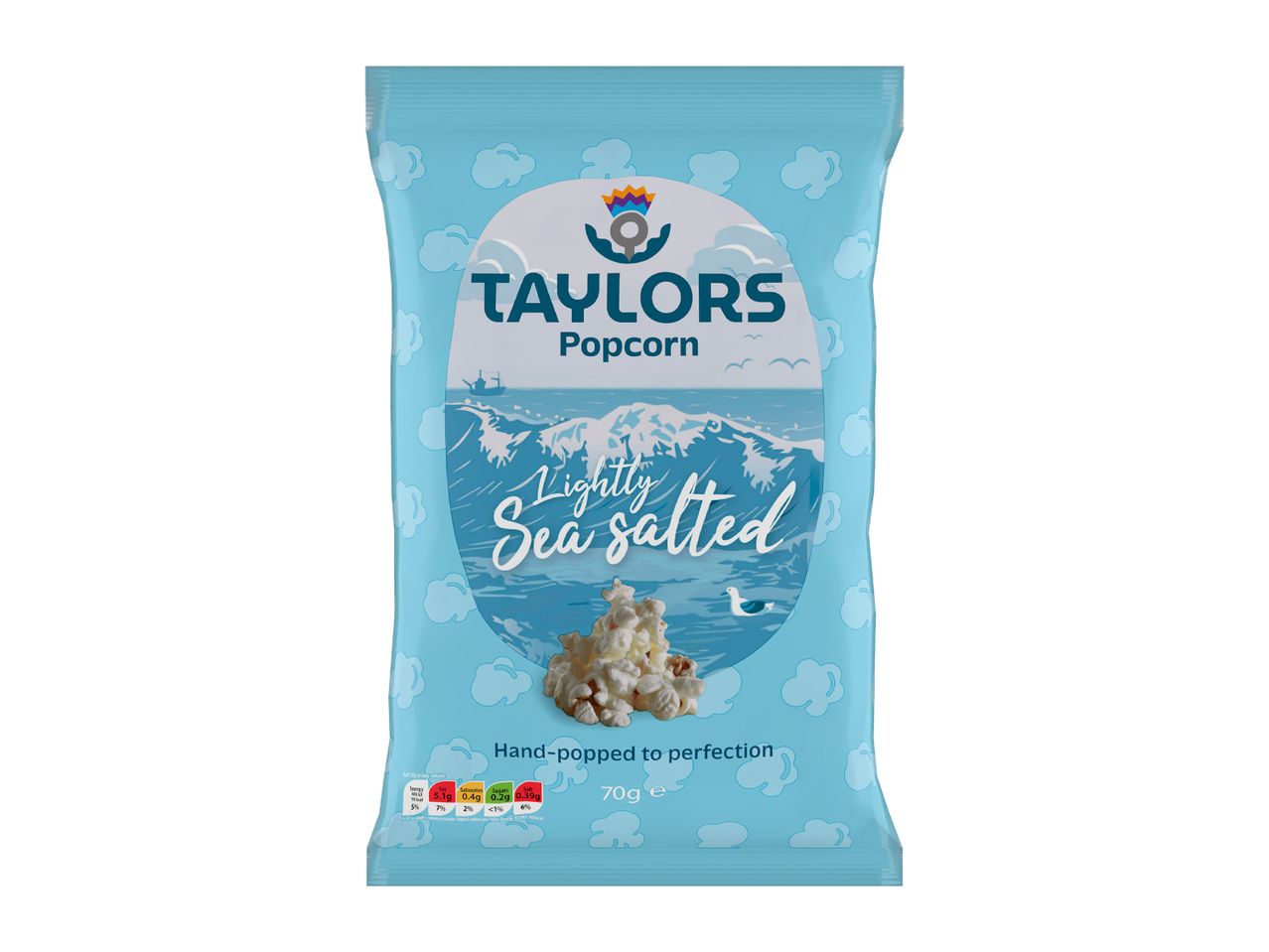 Lightly sea salted popcorn in a blue bag with a sea and cloud design.