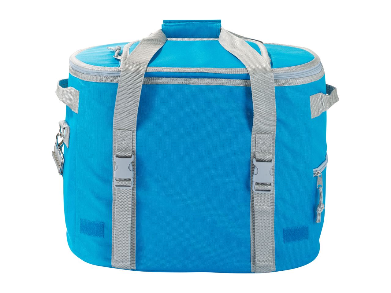 A bright blue insulated cooler bag with gray straps.