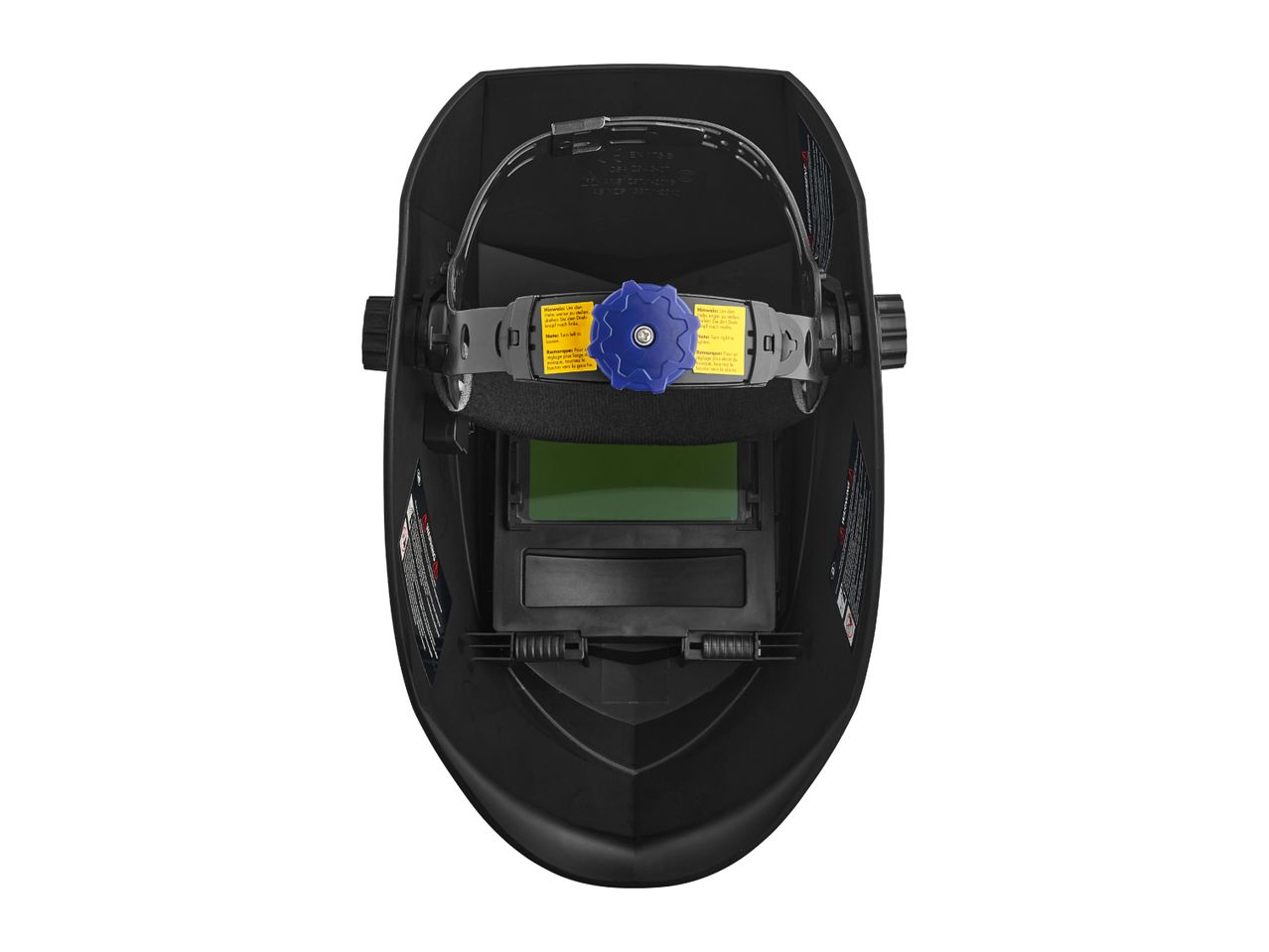 Top view of a black welding helmet with a blue adjustment knob.