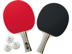 Raquetes de pingue-pong Crivit, bolas e raquete com superfície preta.