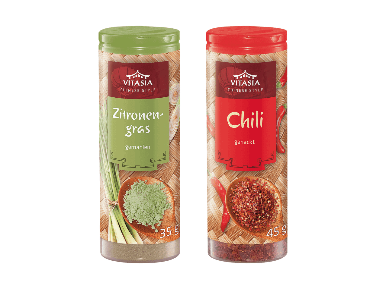 Zwei Gewürzstreuer: Zitronengras gemahlen und gehackte Chili im chinesischen Stil.