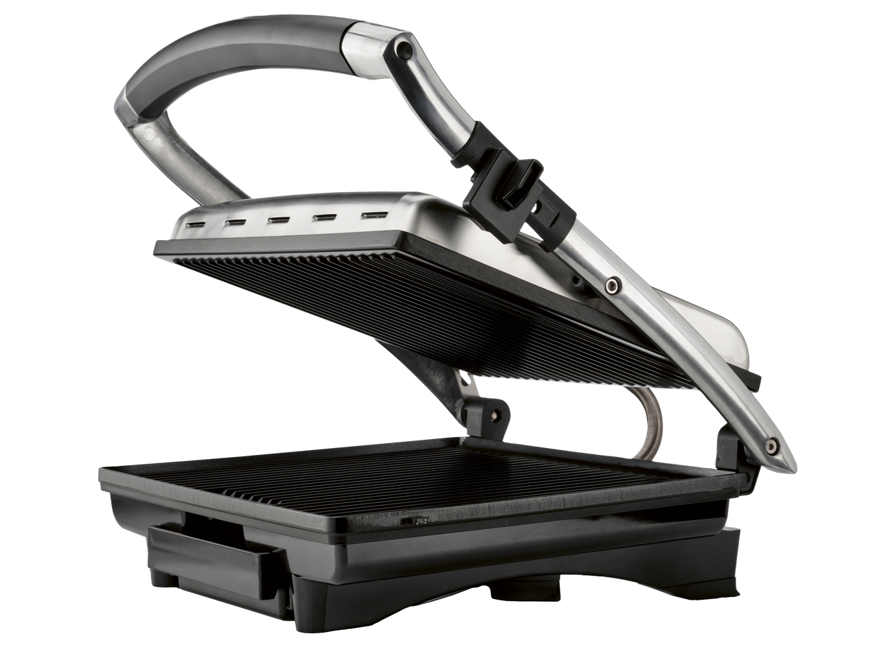 Silvercrest® kontaktinis grilis atidarytu dangčiu, rodantis briaunotas kepimo plokštes.