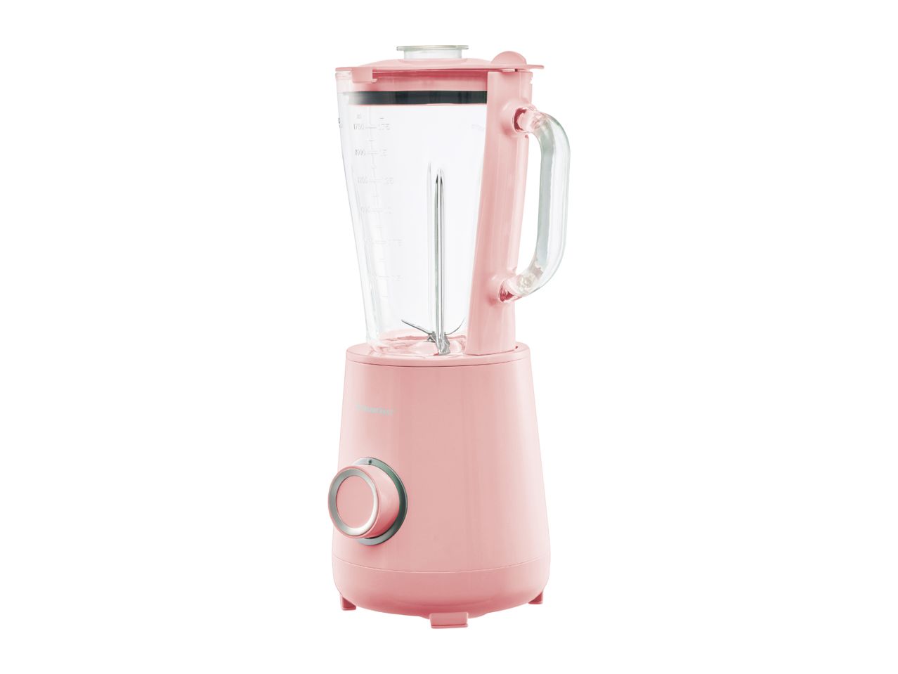 Pink blender with a glass jug and a control knob on a white background.