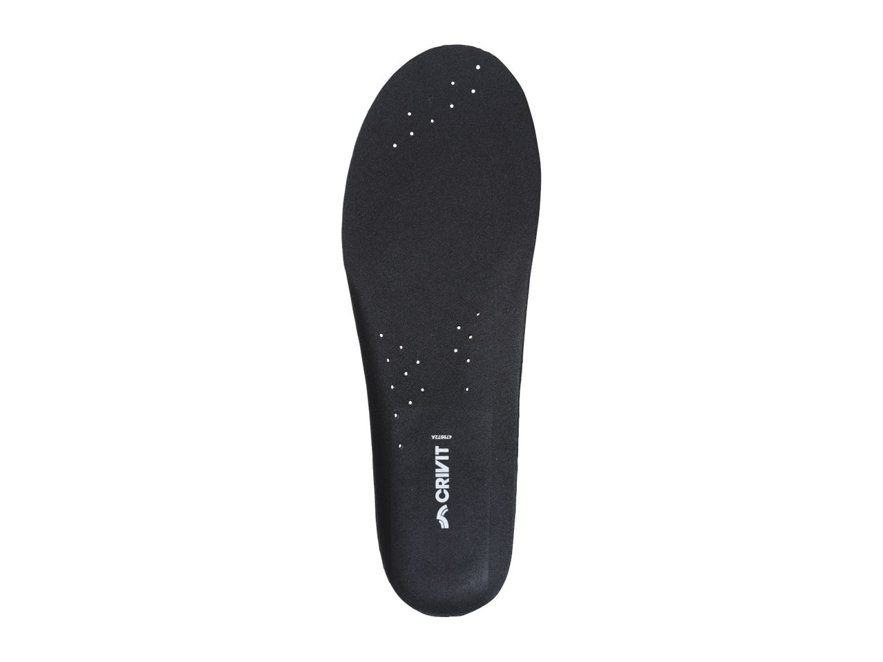 A black Crivit insole with ventilation holes.