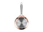 Underside of a copper-colored frying pan with a silver handle and induction base