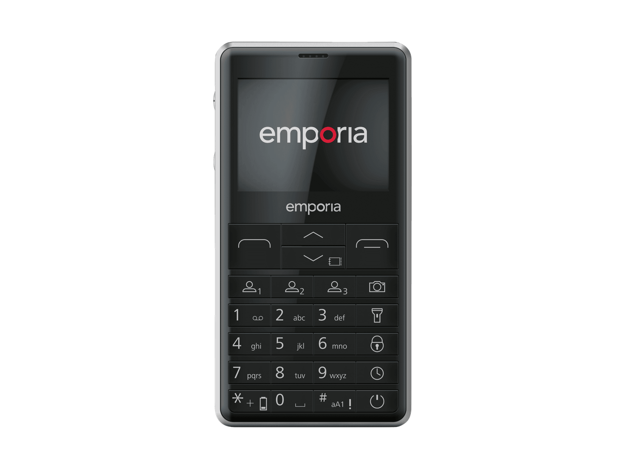 Schwarzes Mobiltelefon mit Zifferntastatur und Bildschirm, der das Markenlogo anzeigt.