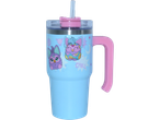 A light blue, stainless steel, 20oz.  tumbler with a pink handle and straw, featuring a cute Owleez design.