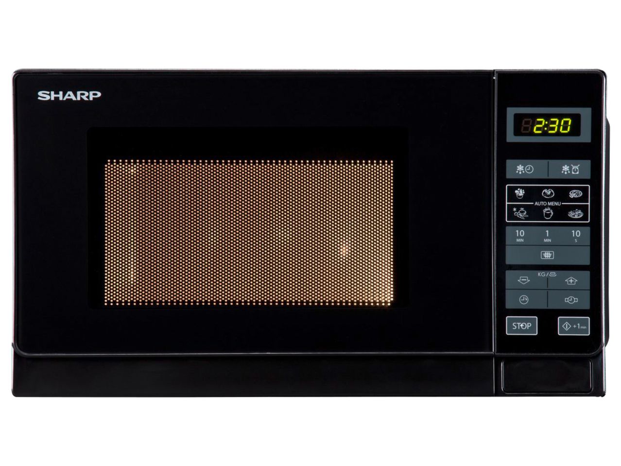 A black Sharp microwave oven with a digital display.