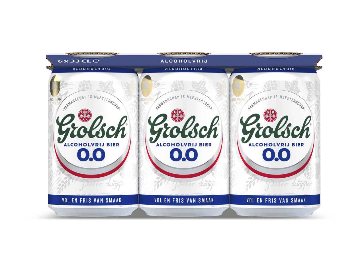 Zes-pack alcoholvrij bier in blikjes, met de tekst 'Vakmanschap is Meesterschap' en 'Vol en Fris van Smaak'.