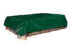 A dark green tarp covers a stack of firewood.