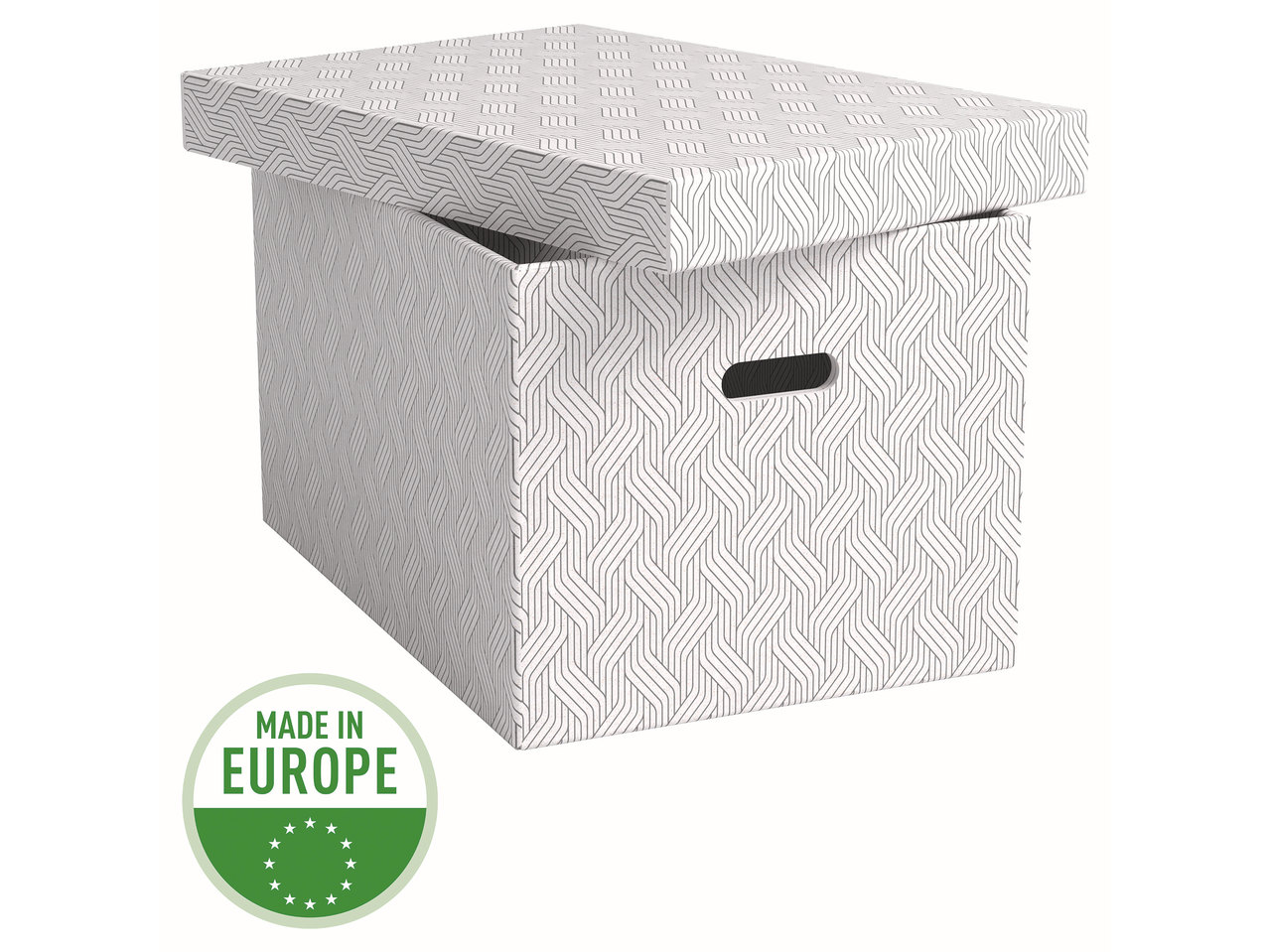 Caixa de arquivo Von Leitz com tampa, padrão geométrico branco e cinzento, com selo 'MADE IN EUROPE'.