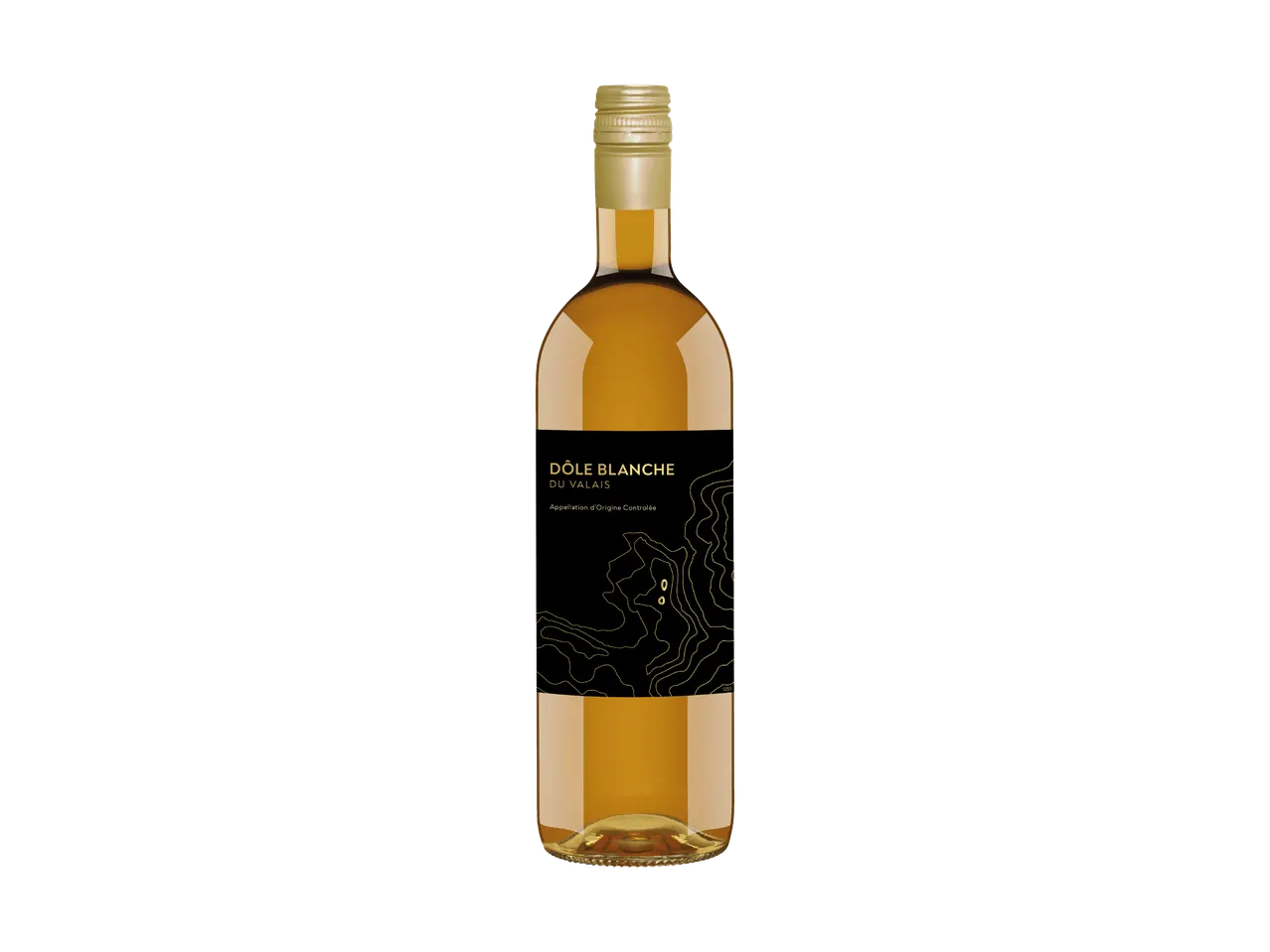 Flasche Weißwein mit schwarzem Etikett und goldenen Details.