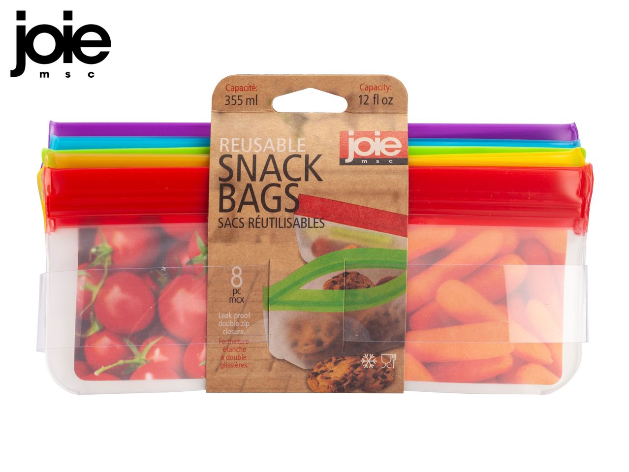 Colorful reusable snack bags with a capacity of 355ml (12 fl oz) and double zip closure.