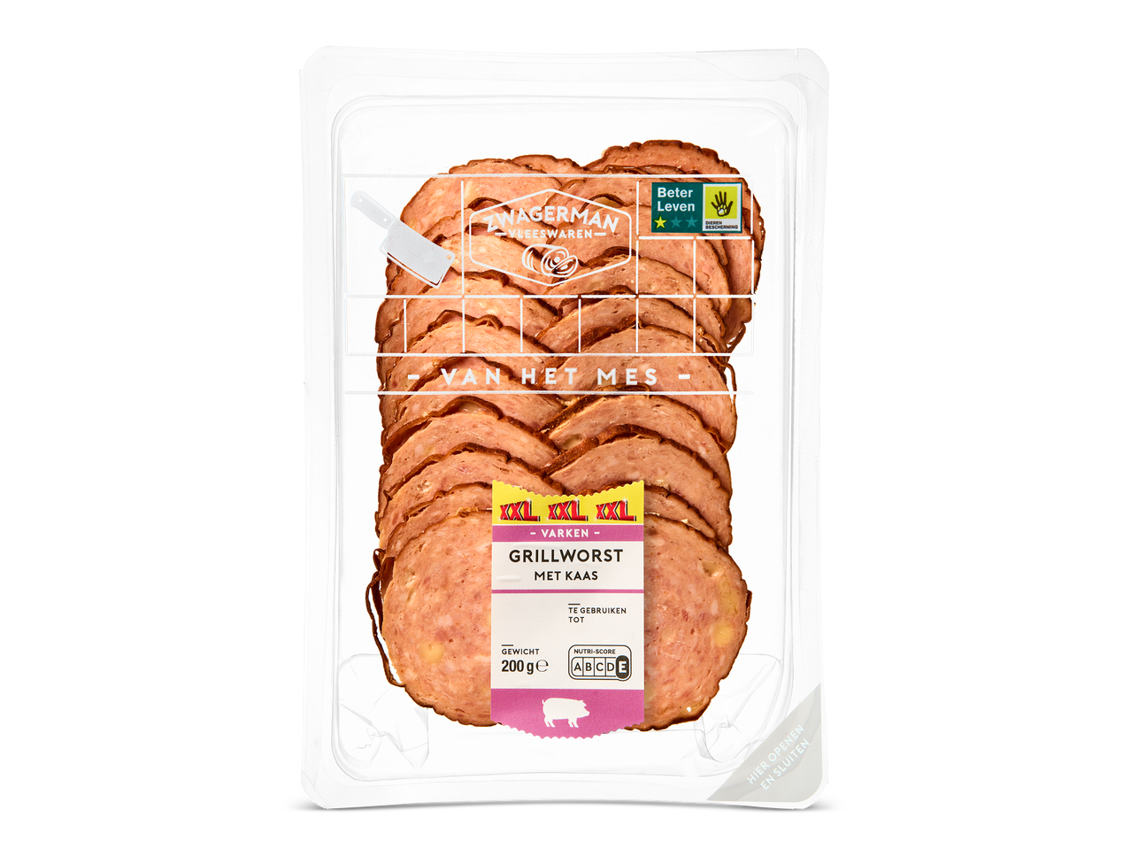 Verpakking met gesneden grillworst met kaas, 200g, met Nutri-Score D en Beter Leven keurmerk.