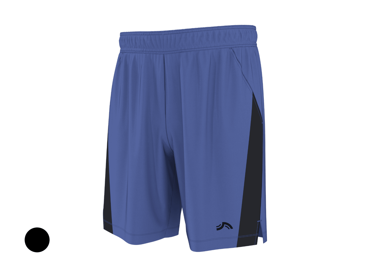 Short de sport bleu avec empiècements latéraux noirs et logo discret