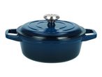 Dark blue enameled cast iron Dutch oven with a silver knob on the lid.