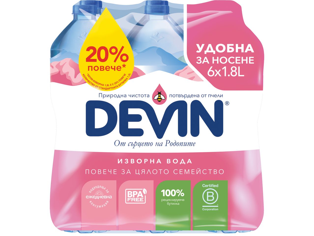 Опаковка Devin изворна вода 6x1.8L с 20% повече вода.