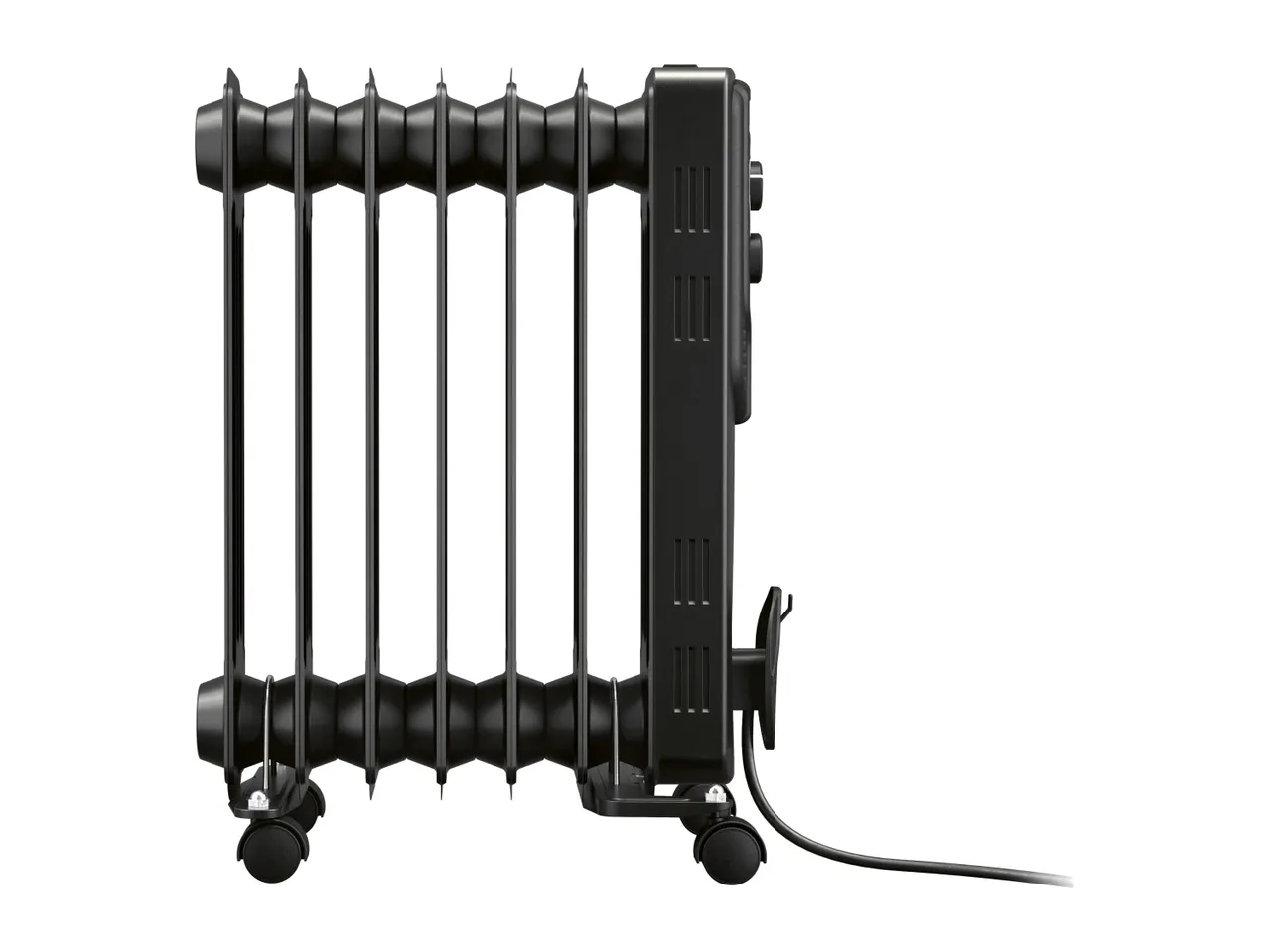 Black oil-filled radiator on wheels with a power cord, side view.