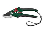 Green and black bypass pruning shears with a red safety lock and a black wrist strap.