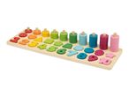 Wooden number and shape sorting board with colorful rings for counting.