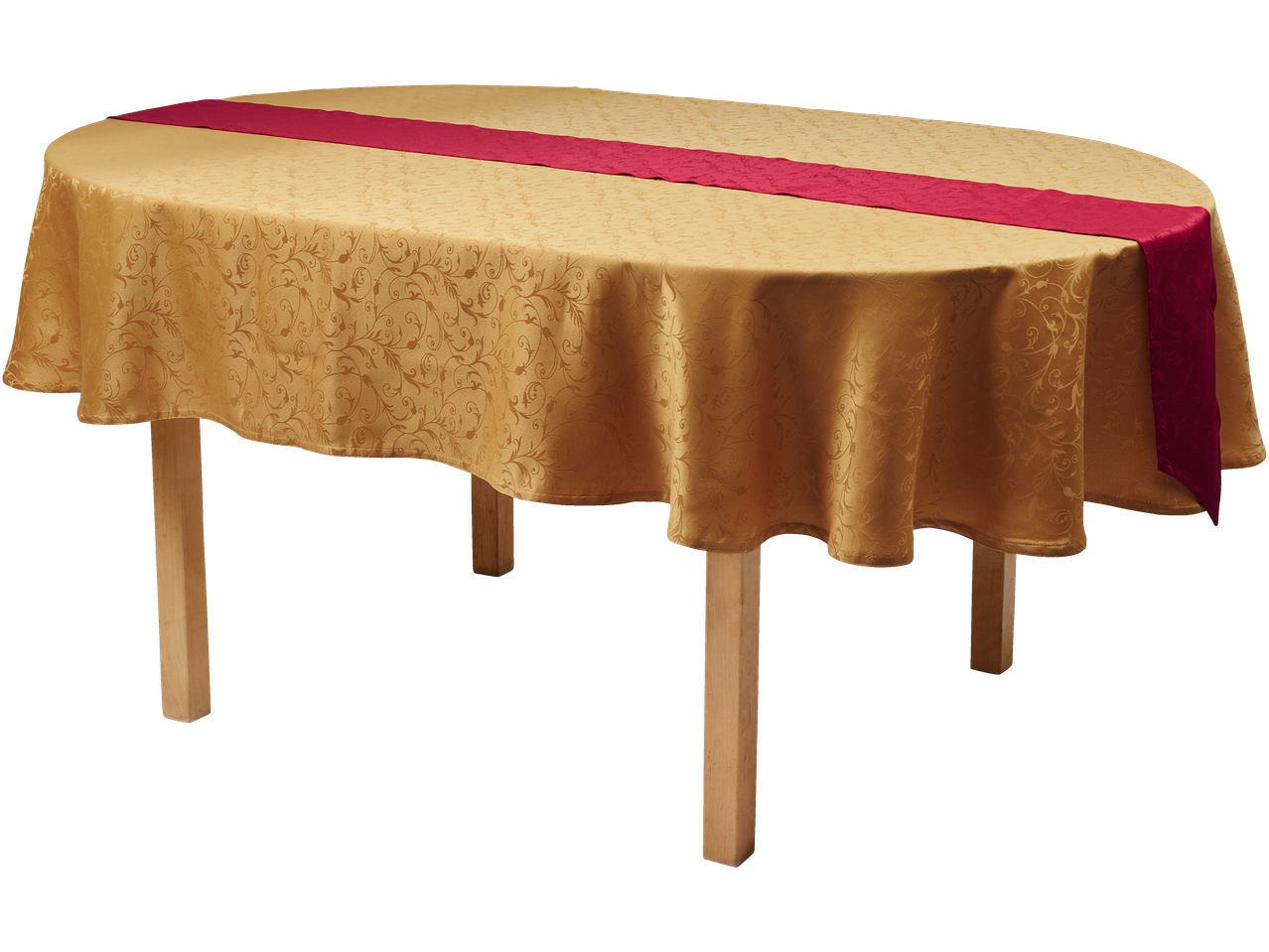 LIVARNO home laudlinade komplekt: Kollane laudlina punase lauajooksjaga ovaalsel laual.