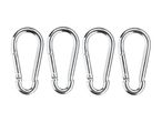 Four silver metal carabiners in a row.
