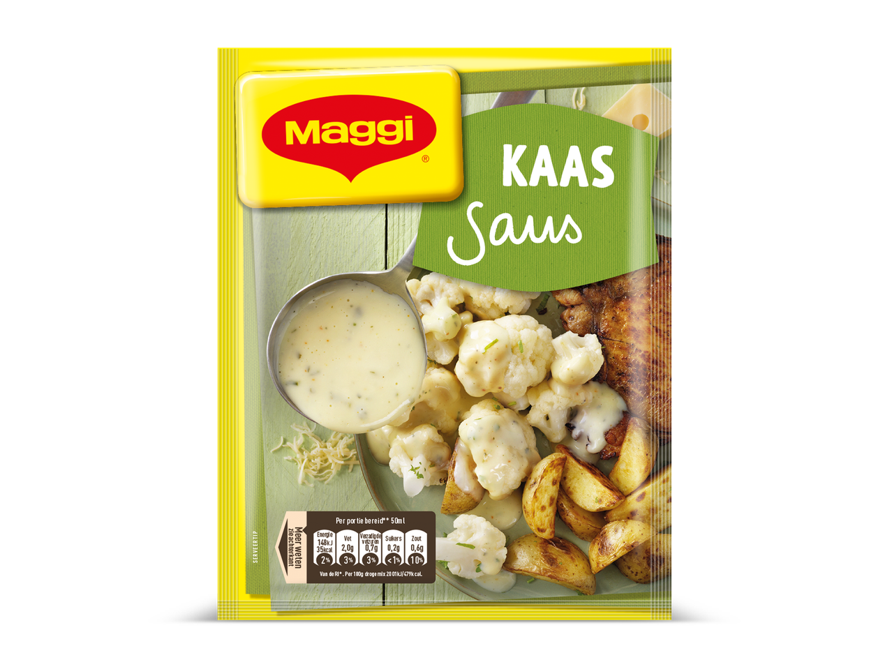 Verpakking voor kaassaus met een afbeelding van bloemkool en aardappelen overgoten met saus.