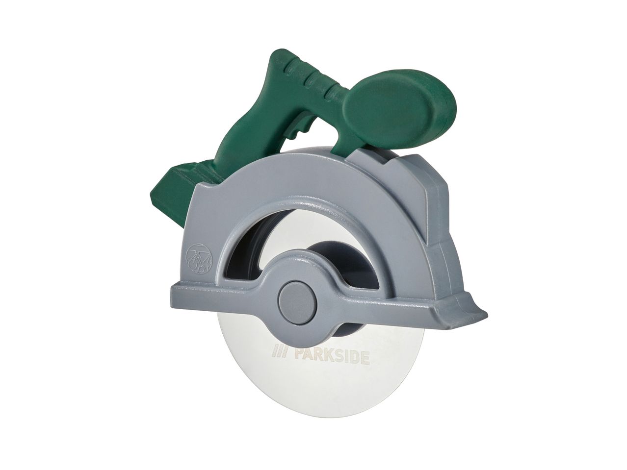 Un tagliapizza a forma di sega circolare con manico verde e lama grigia.