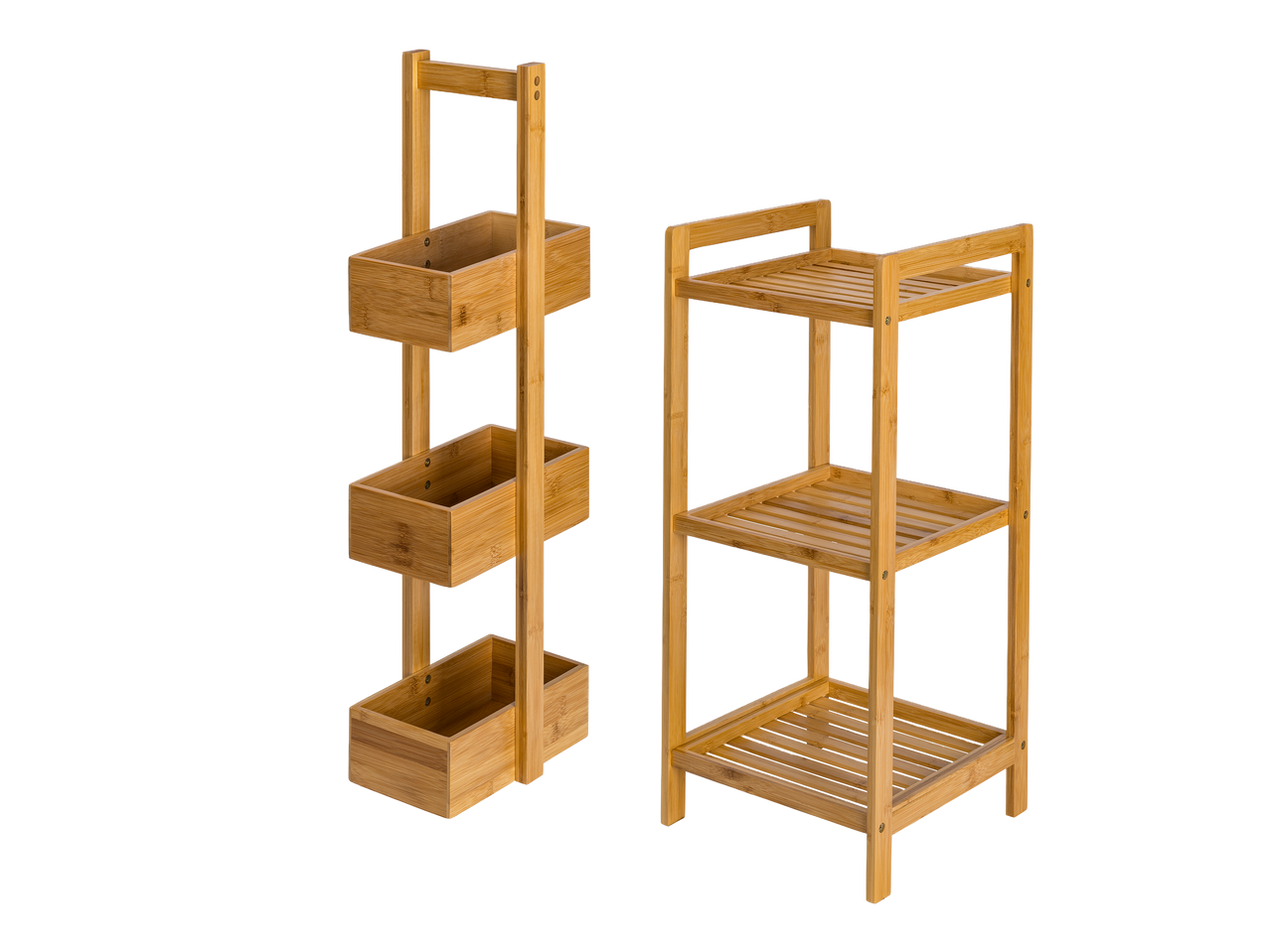 Dva bambusova stalka za odlaganje, jedan s tri košare i drugi s tri police.