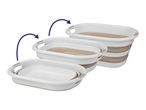Three collapsible laundry baskets in various stages of folding, from flat to fully expanded.