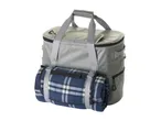 Grey cooler bag with a blue plaid blanket attached, ready for a picnic.